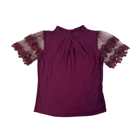 Willow Tops - Romantic Lace Mesh Sleeve Top Rayon Plum Mock Neck Medium Willow